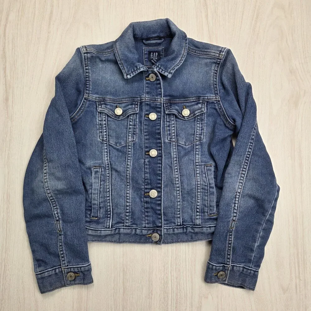 Gap Kids Girls Classic Denim Jacket Large 10 Medium Wash Snap Buttons Pockets